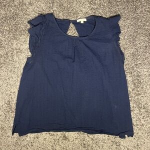 Nine Britain 100% Cotton Navy Blue Flutter Sleeve Keyhole Back Top XL